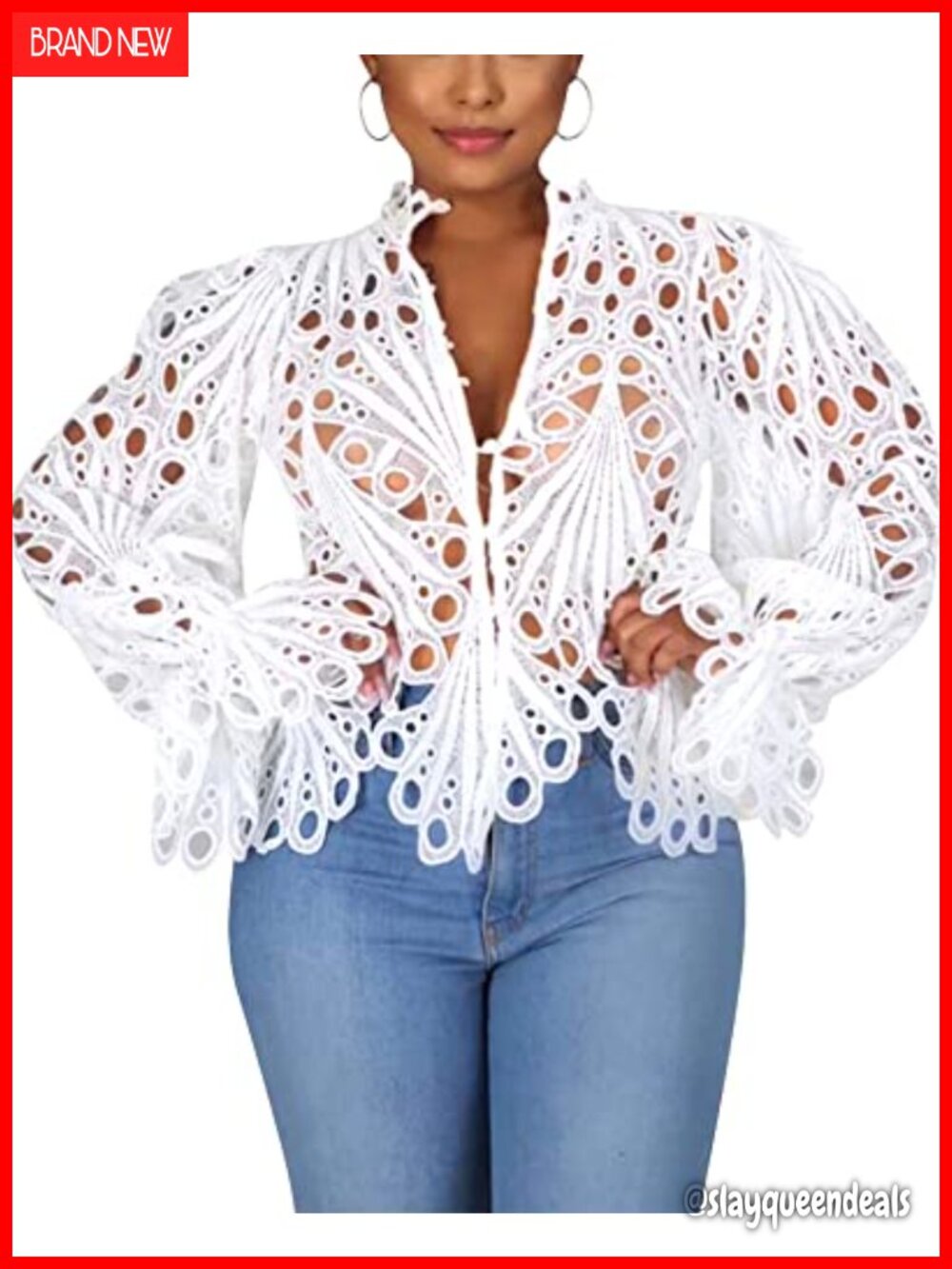 Women's Lace Ruffle Puff Long Sleeve Button Down Blouse